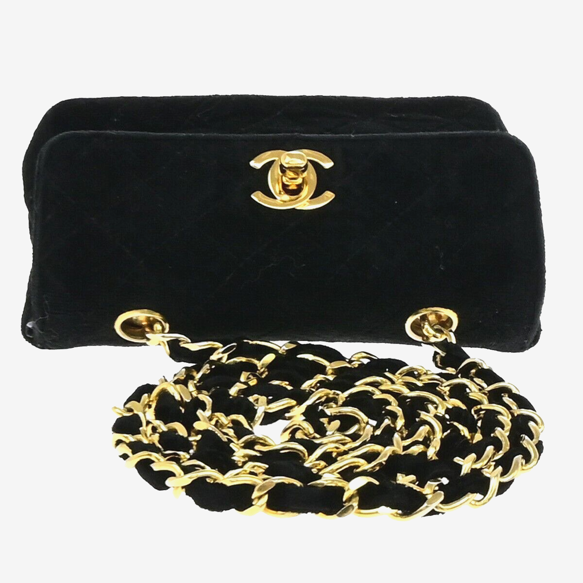 CHANEL Mini Matelasse Shoulder Bag Velvet Leather Black Gold Vintage 684RK894