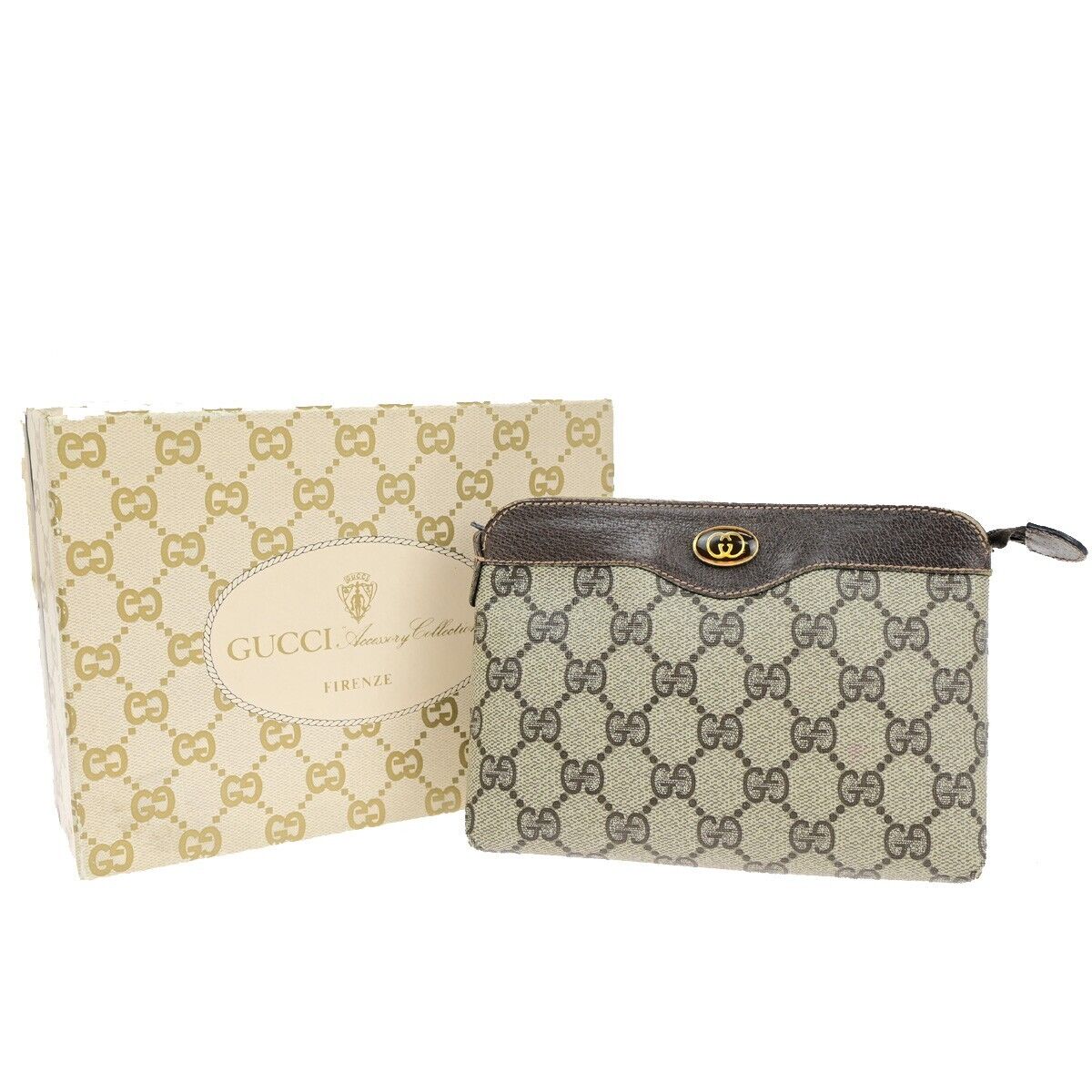 GUCCI Logo GG Pattern Pouch Bag PVC Leather Brown GHW Italy 05SH828
