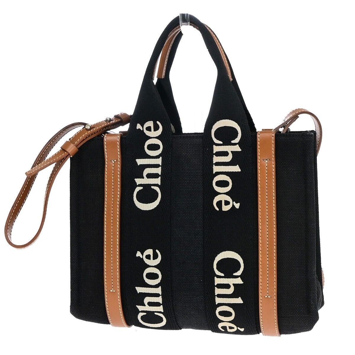 CHLOE Woody Tote Shoulder Hand Bag 2Way Canvas Leather Black Italy GHW 84HC081