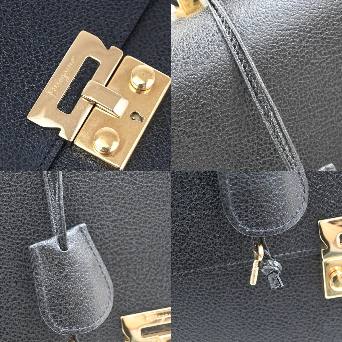 SALVATORE FERRAGAMO 2way Shoulder Hand Bag Briefcase Leather Black Italy 63KD172