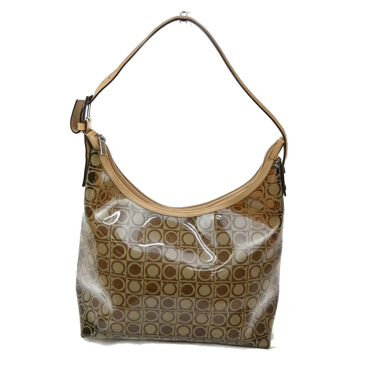 SALVATORE FERRAGAMO Logo Shoulder Bag Vinyl Leather Brown Clear SHW 04TA442