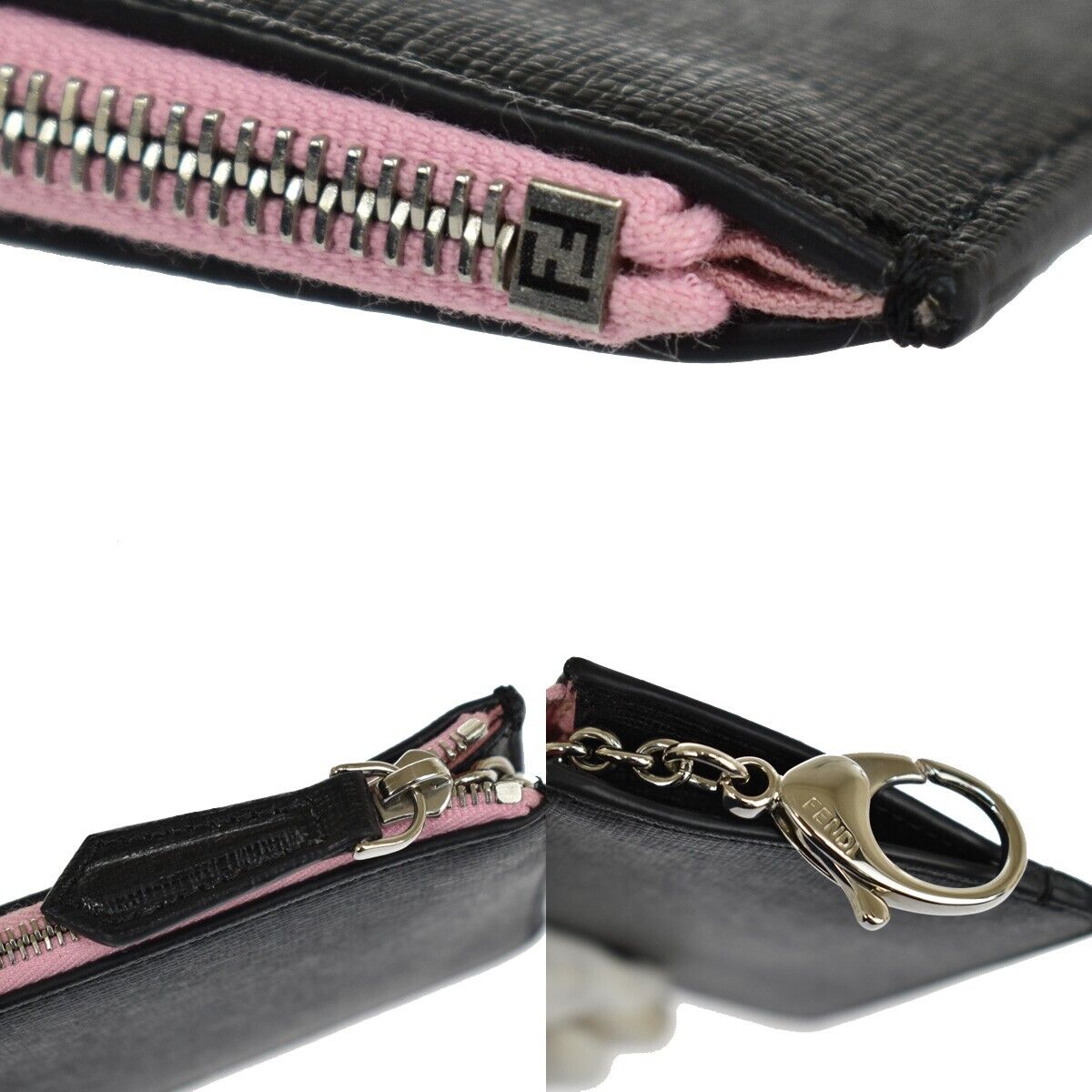 FENDI BAG BUGS Monster Coin Wallet Key Clip Leather Black Pink Silver 66YD090