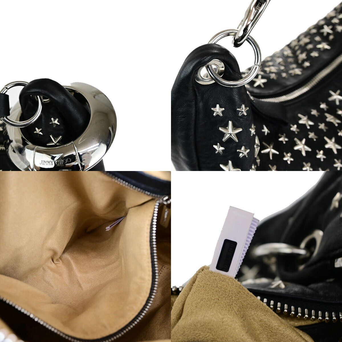 JIMMY CHOO Logo Sky Shoulder Hand Bag Star Studs Leather Black SHW Italy 31YG578