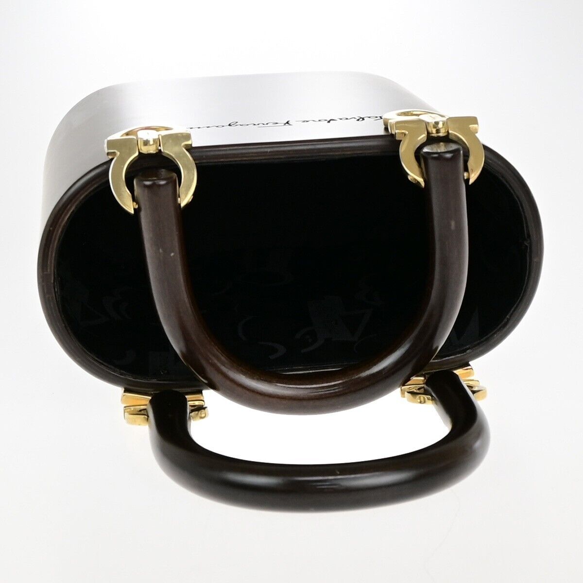 SALVATORE FERRAGAMO Logo Gancini Bucket Hand Bag Wood Leather Brown GHW 91EC722
