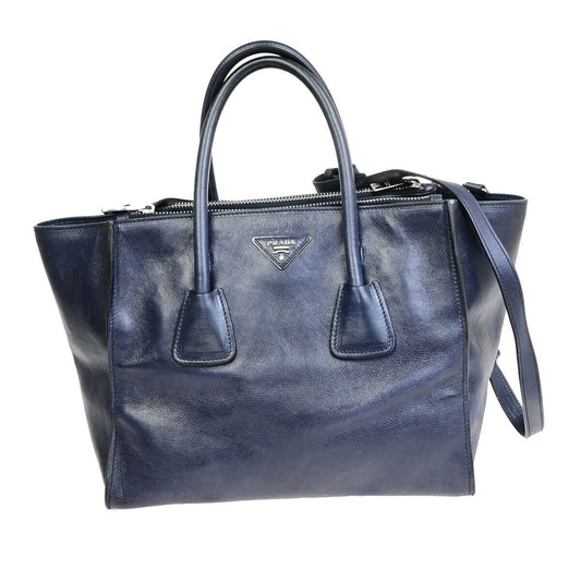 PRADA MILNO Logo 2Way Shoulder Hand Bag Leather Navy Blue Silver-Plated 10ED918