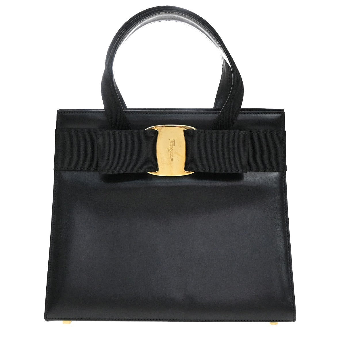 SALVATORE FERRAGAMO Logo Vara Hand Bag Canvas Leather Black Gold Italy 67KB455