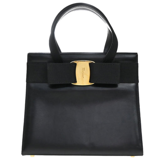 SALVATORE FERRAGAMO Logo Vara Hand Bag Canvas Leather Black Gold Italy 67KB455