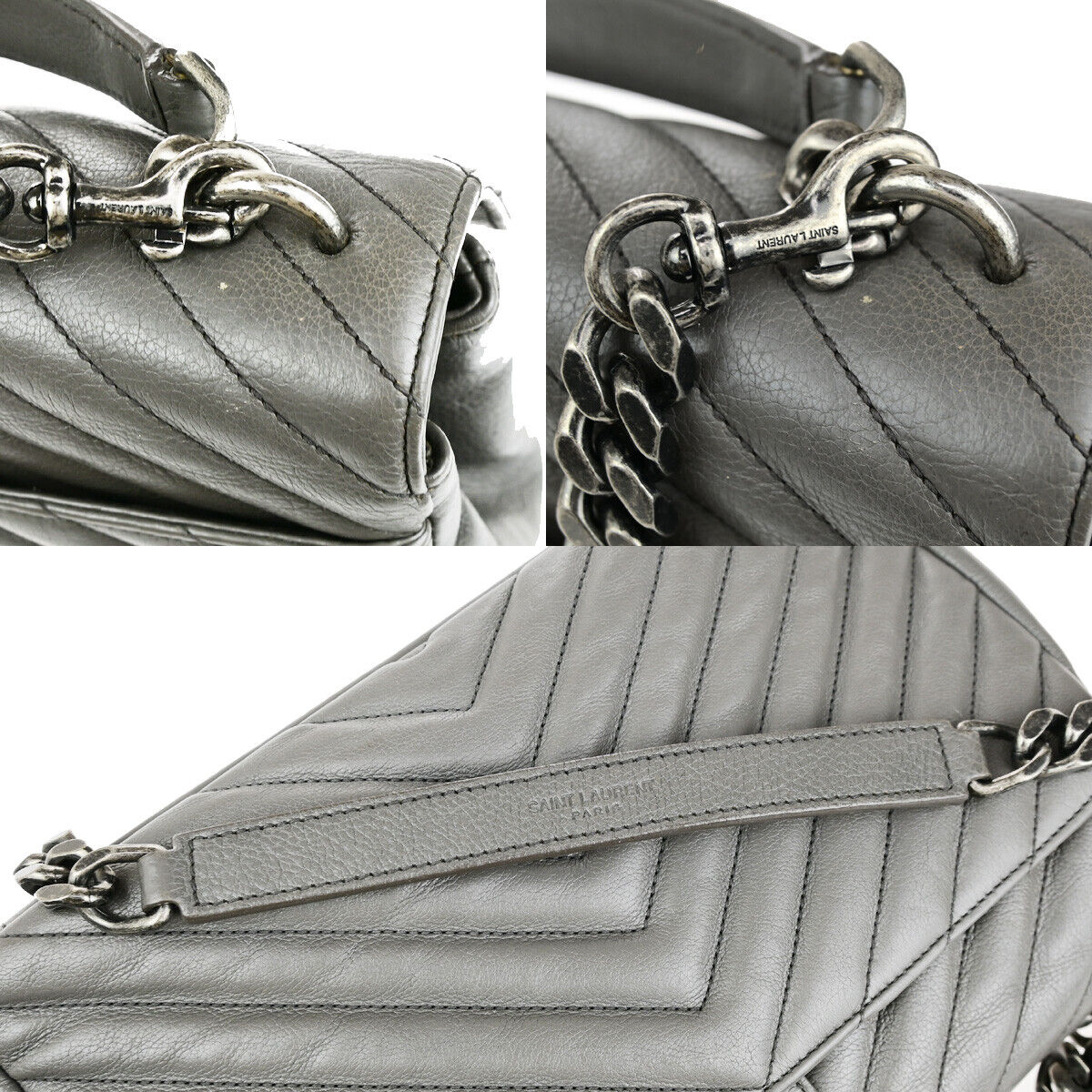 SAINT LAURENT College Medium Chain Shoulder Bag Quilted Leather Gray 667RK859