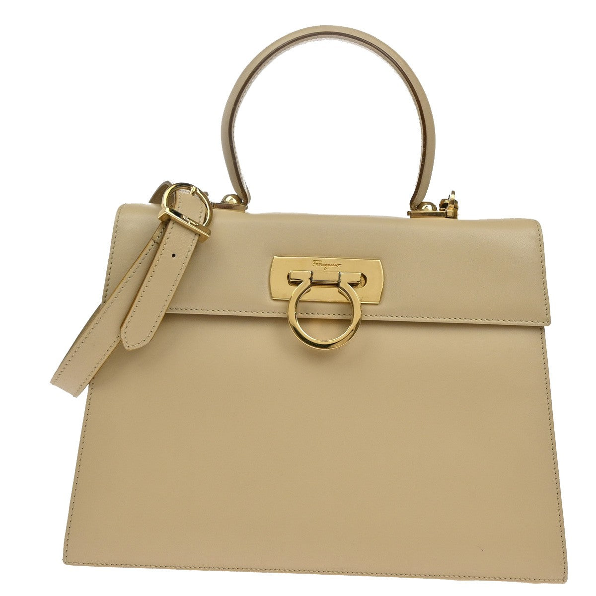 SALVATORE FERRAGAMO Gancini 2way Shoulder Hand Bag Leather Beige GHW 79RL329