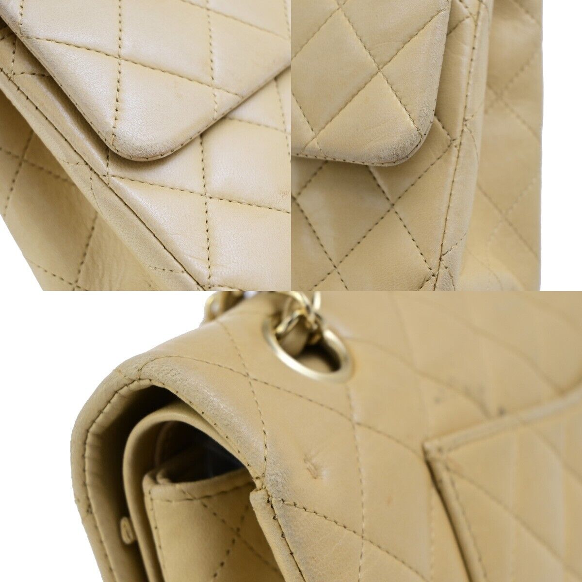CHANEL CC Matelasse 25 Double Flap Chain Shoulder Bag Leather Beige GHW 310RK685