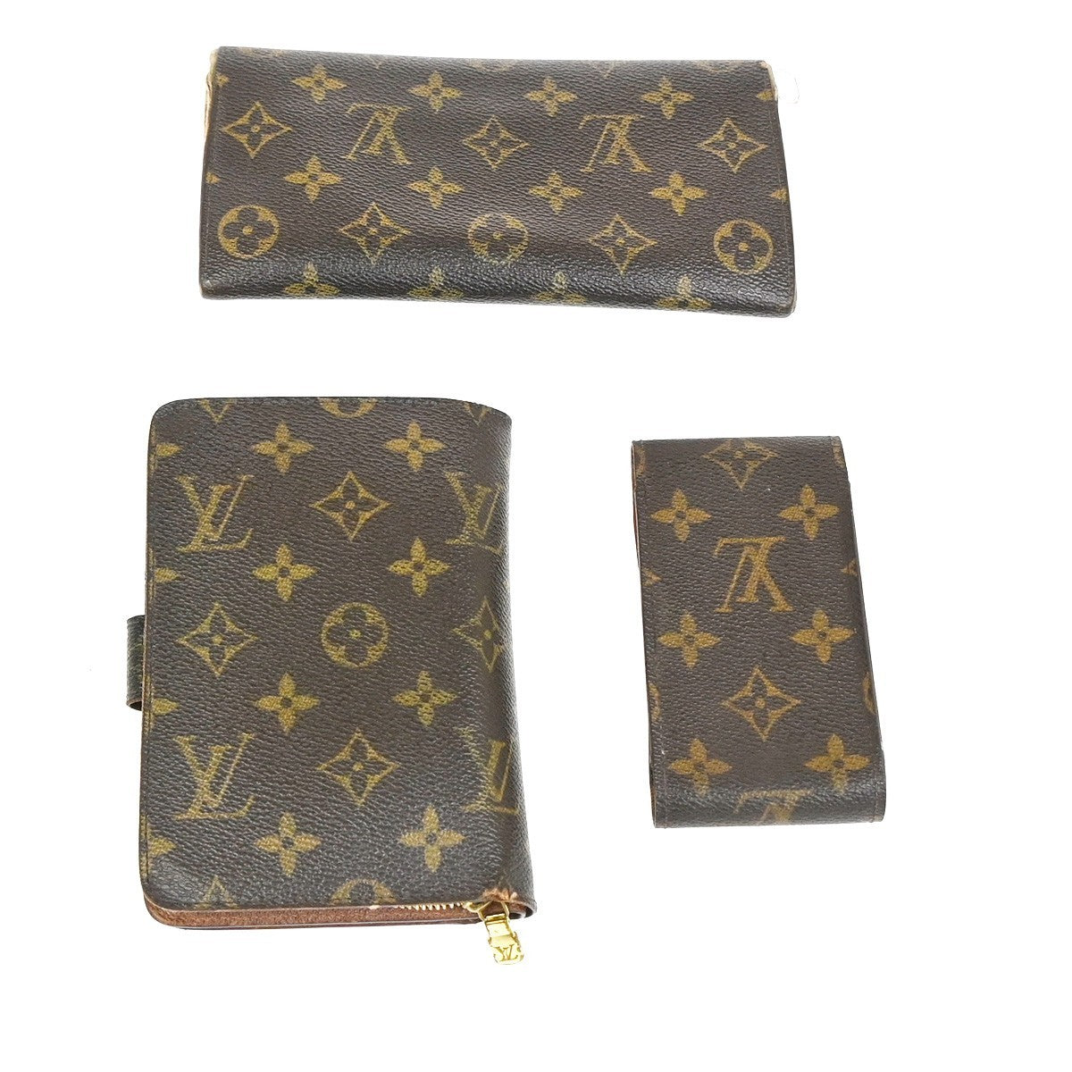 LOUIS VUITTON LV Logo 3 Set Wallet Cigarette Case Monogram Leather Brown 68KC965