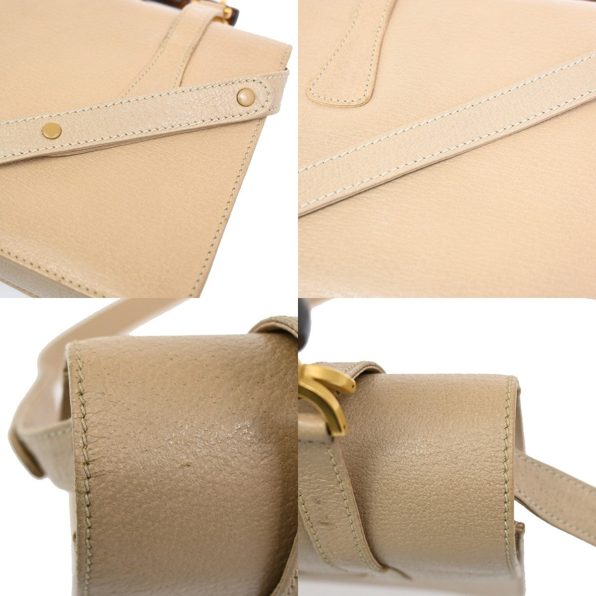GUCCI Logo Bamboo 2Way Shoulder Hand Bag Leather Beige GHW Italy 95KB654