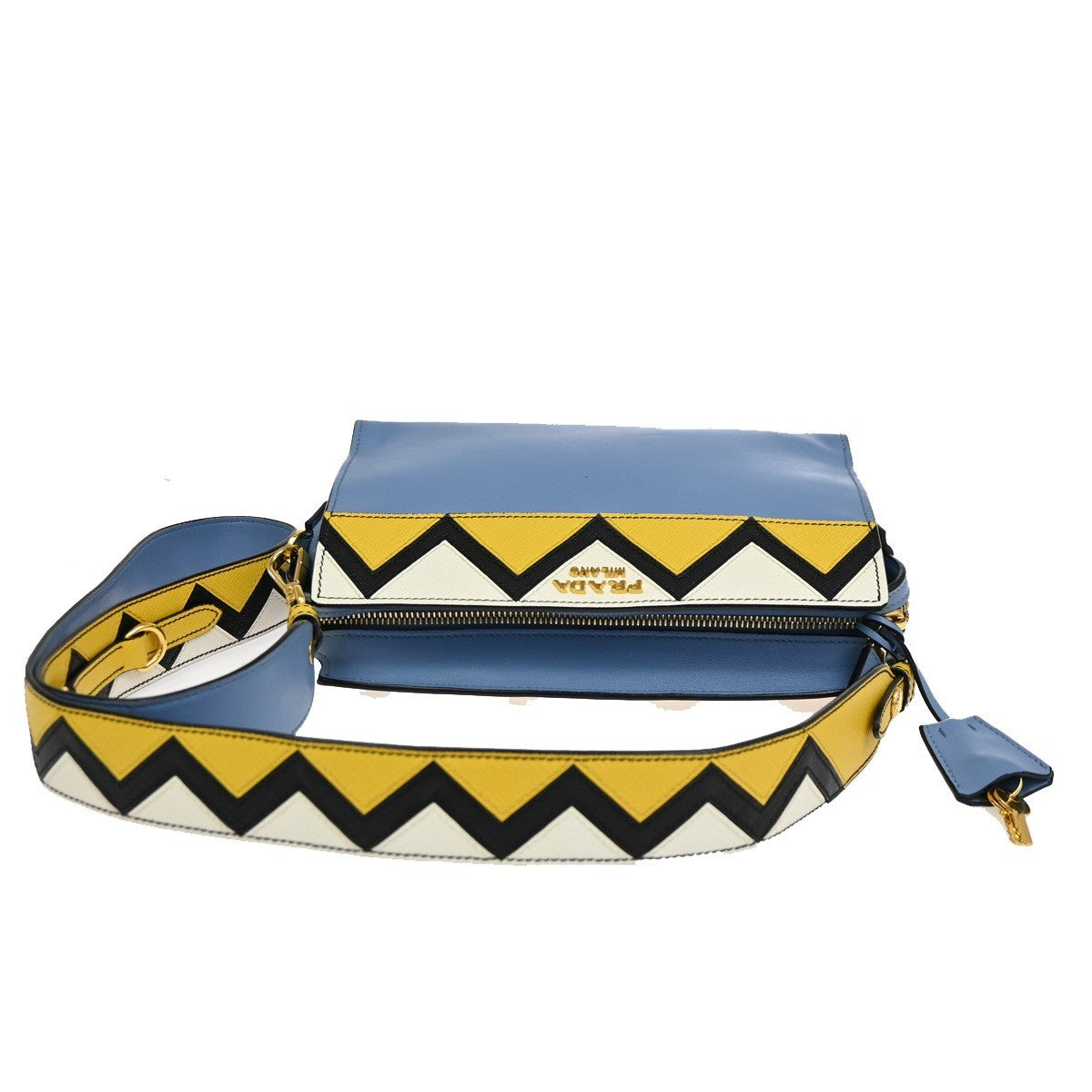 PRADA Esplanade Zig-Zag Crossbody Bag Leather Blue Yellow White GHW 99ZA218