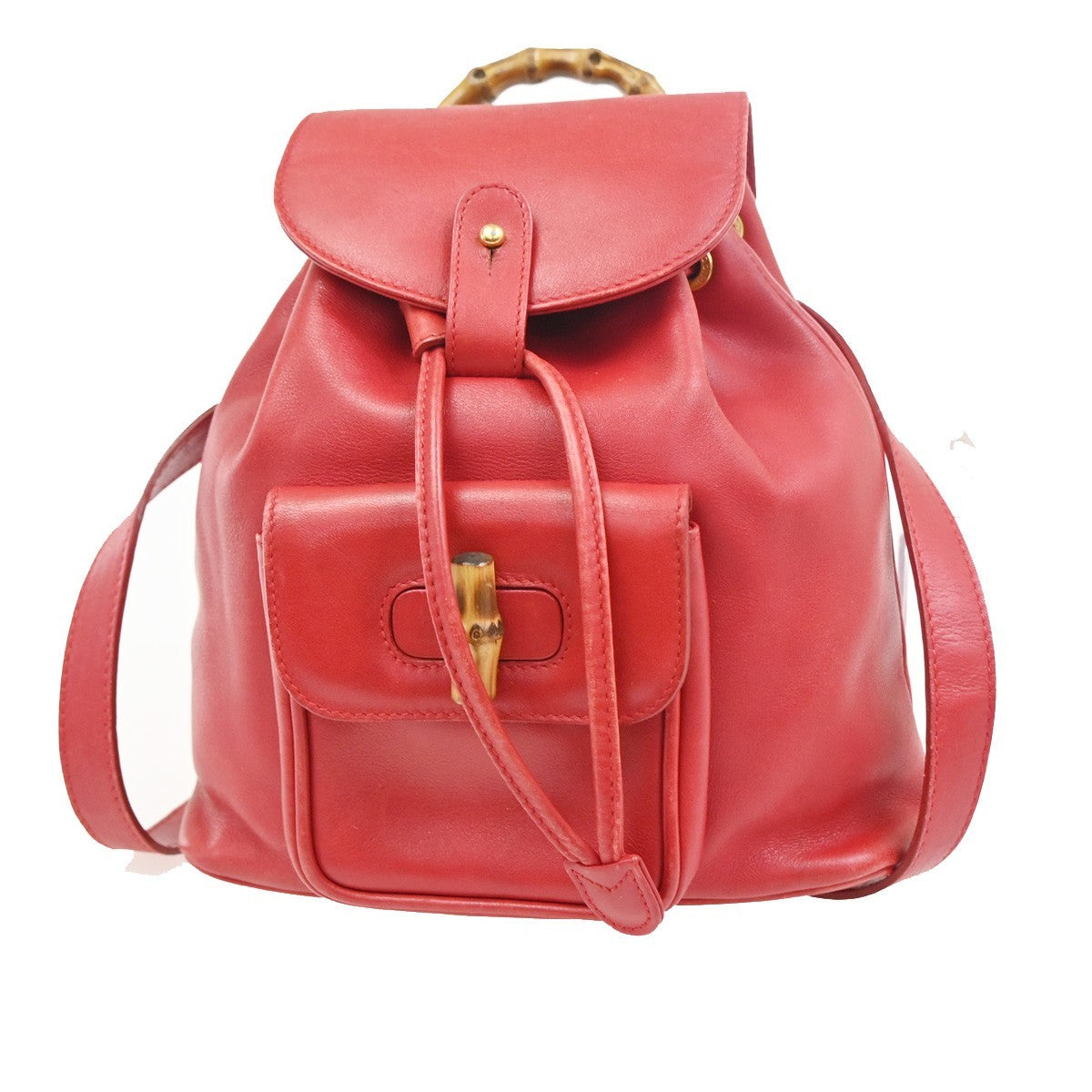 GUCCI Logo Bamboo Drawstring Mini Backpack Bag Leather Red GHW Italy 62ZA194