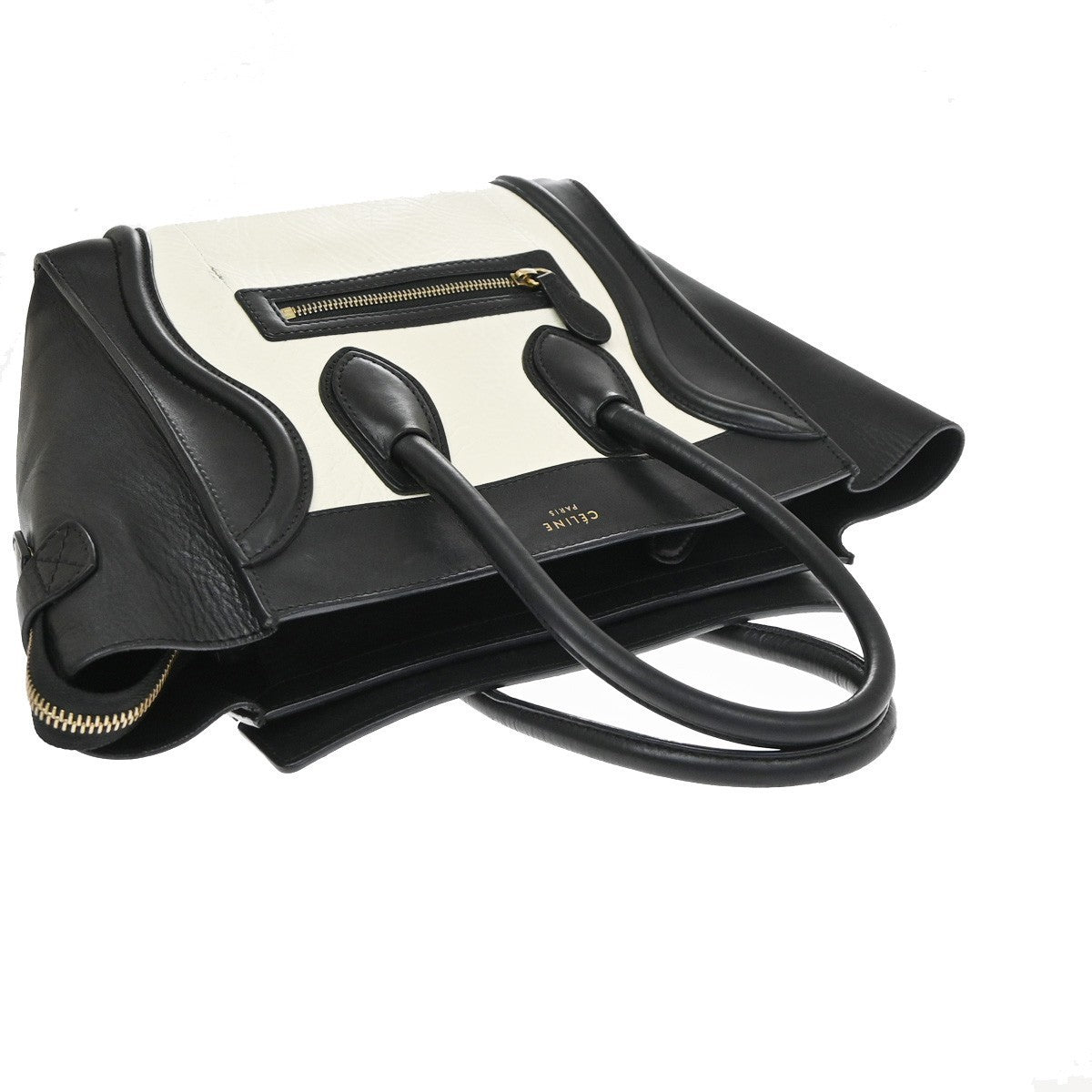 CELINE Logo Luggage Phantom Large Hand Tote Bag Leather Black White GHW 12EG408