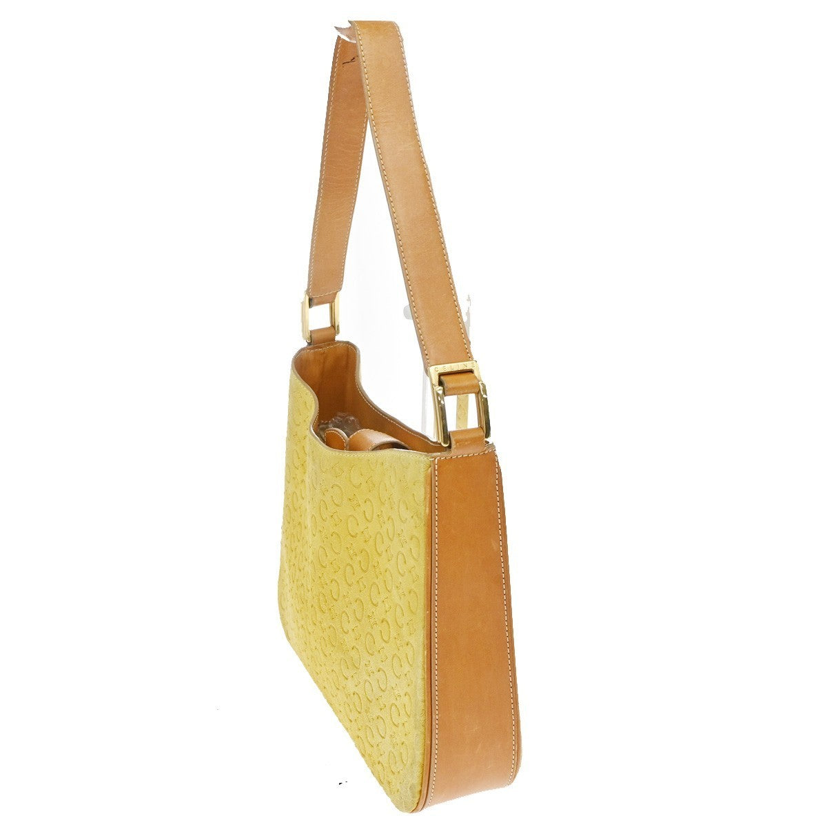 CELINE Logo C Macadam Pattern Shoulder Bag Suede Leather Yellow GHW 38KD150