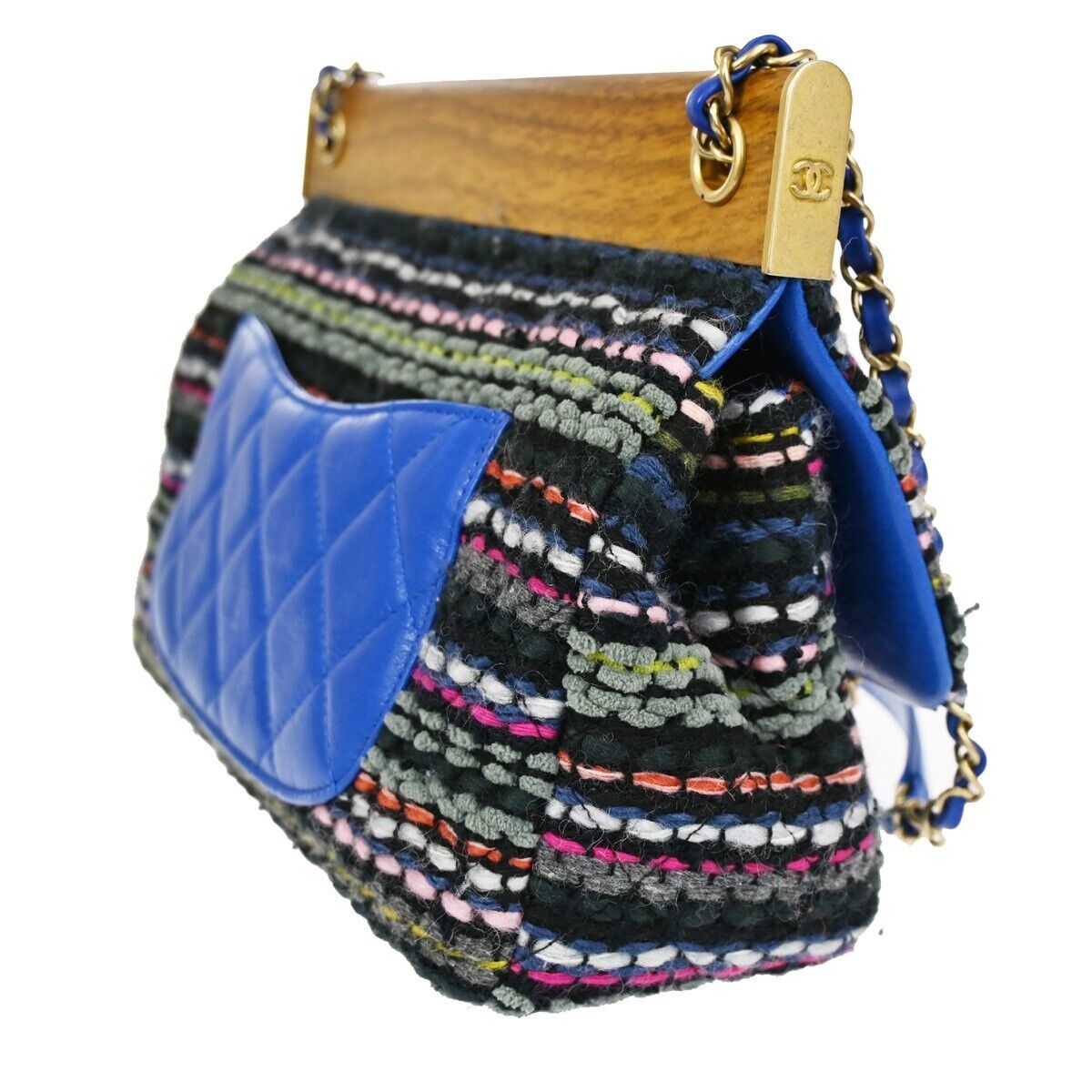 CHANEL CC Matelasse Tweed Chain Shoulder Bag Leather Wood Blue GHW 961RH816