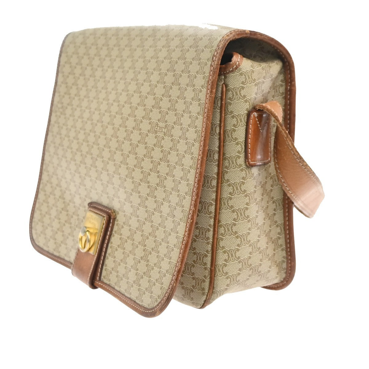 CELINE Logo Macadam Pattern Shoulder Bag PVC Leather Beige GHW Italy 68KC717