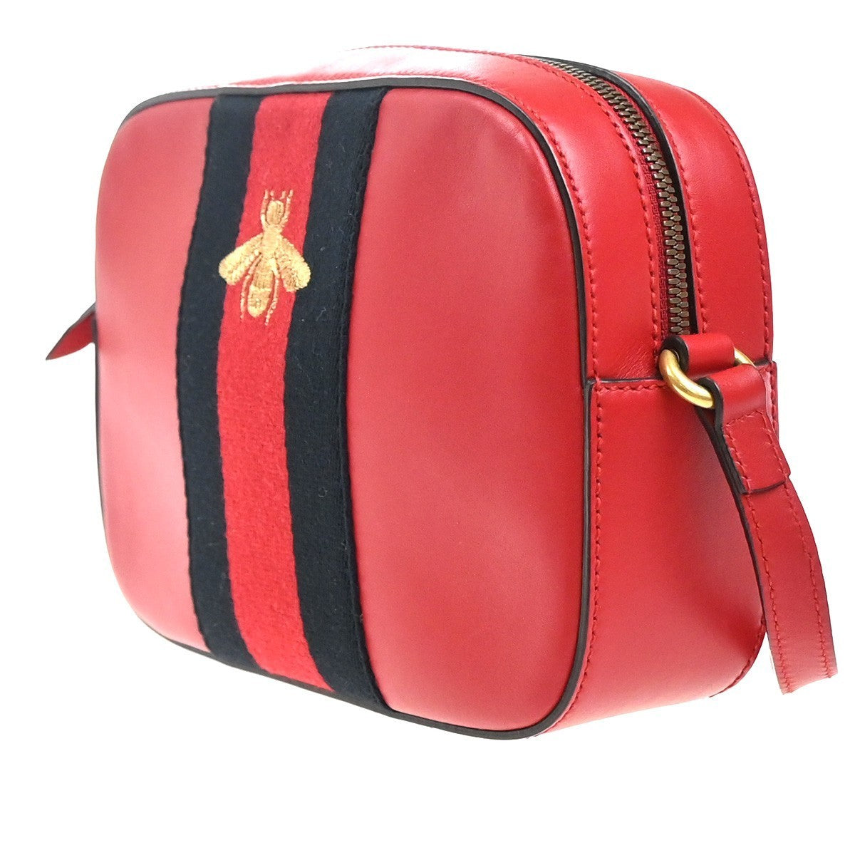 GUCCI Logo Webby Bee Crossbody Shoulder Bag Leather Red GHW 75EG318