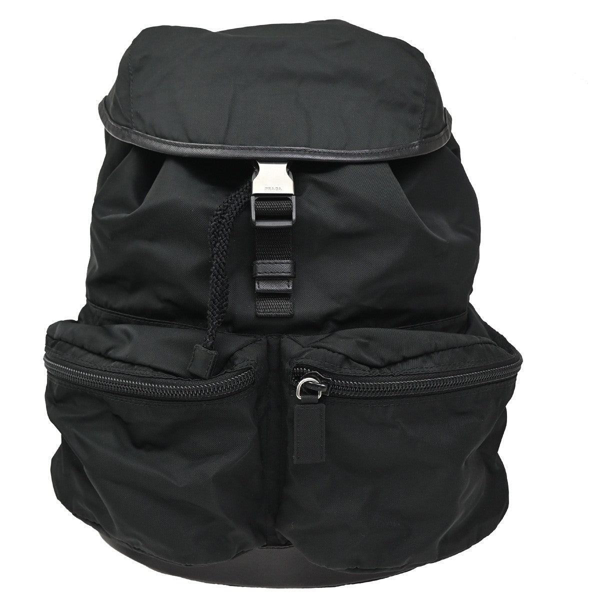 PRADA Logo Drawstring Backpack Bag Tessuto Nylon Leather Black Silver 70KC163