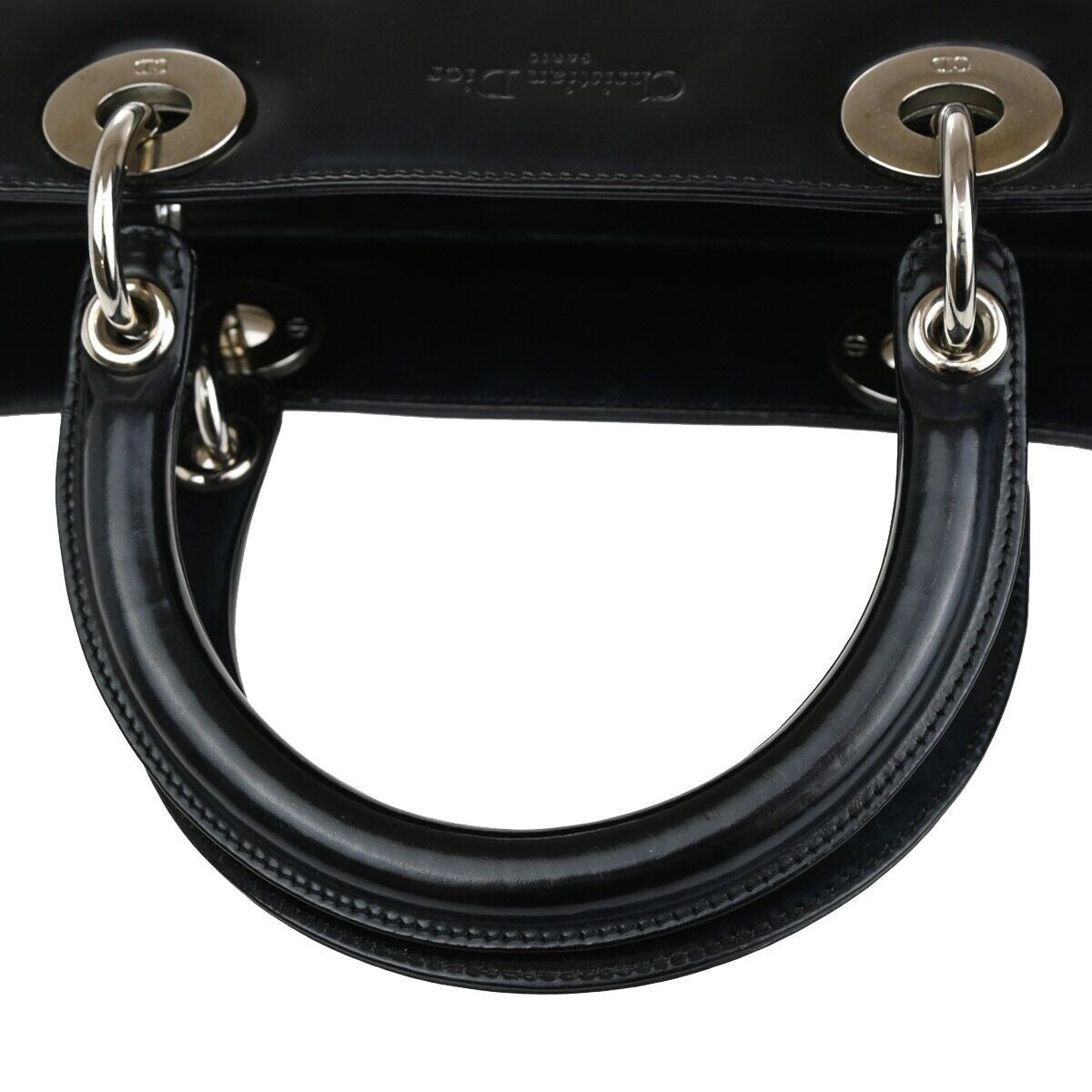CHRISTIAN DIOR Lady Tote Hand Bag Patent Leather Black Silver Italy 12SH744