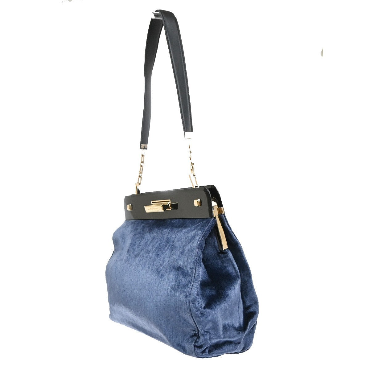 SALVATORE FERRAGAMO Logo Chain Shoulder Bag Velvet Leather Blue GHW 62MA634