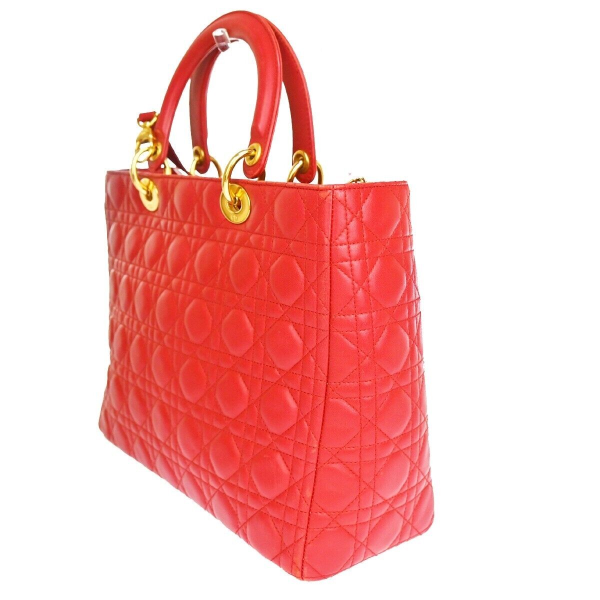 CHRISTIAN DIOR Lady Cannage 2Way Shoulder Hand Tote Bag Leather Red GHW 675RJ337