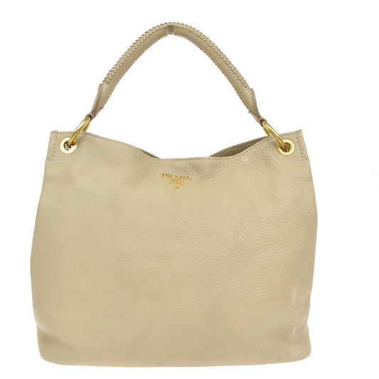 PRADA Logo Shoulder Tote Bag Leather Beige GHW Made in Italy 81KB056