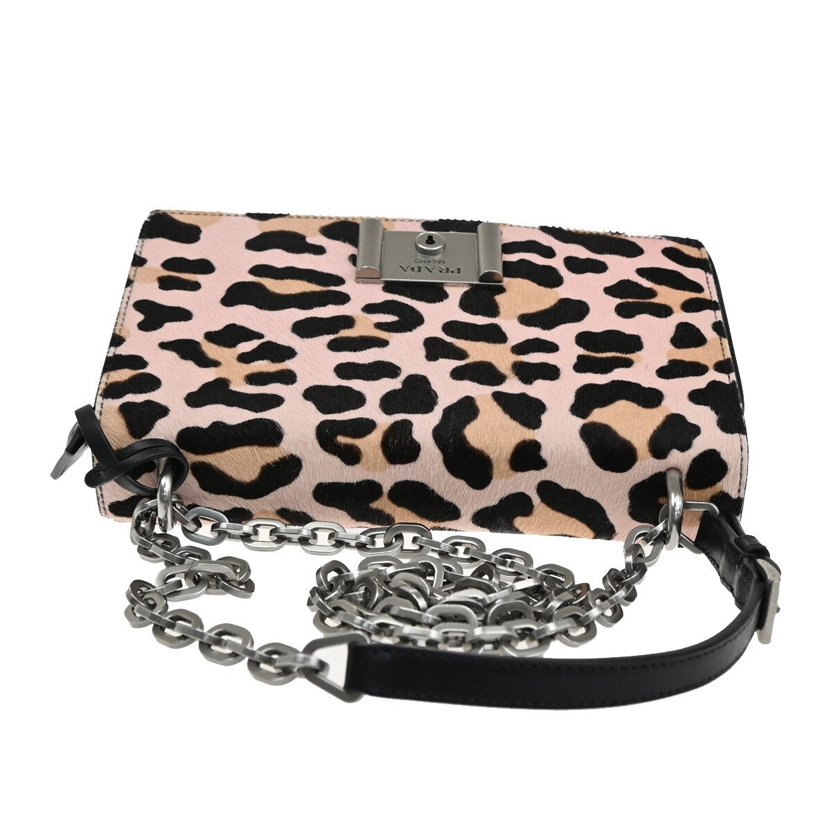PRADA MILANO Leopard Chain Shoulder Bag Hair on Leather Nylon Black Pink 99KC004