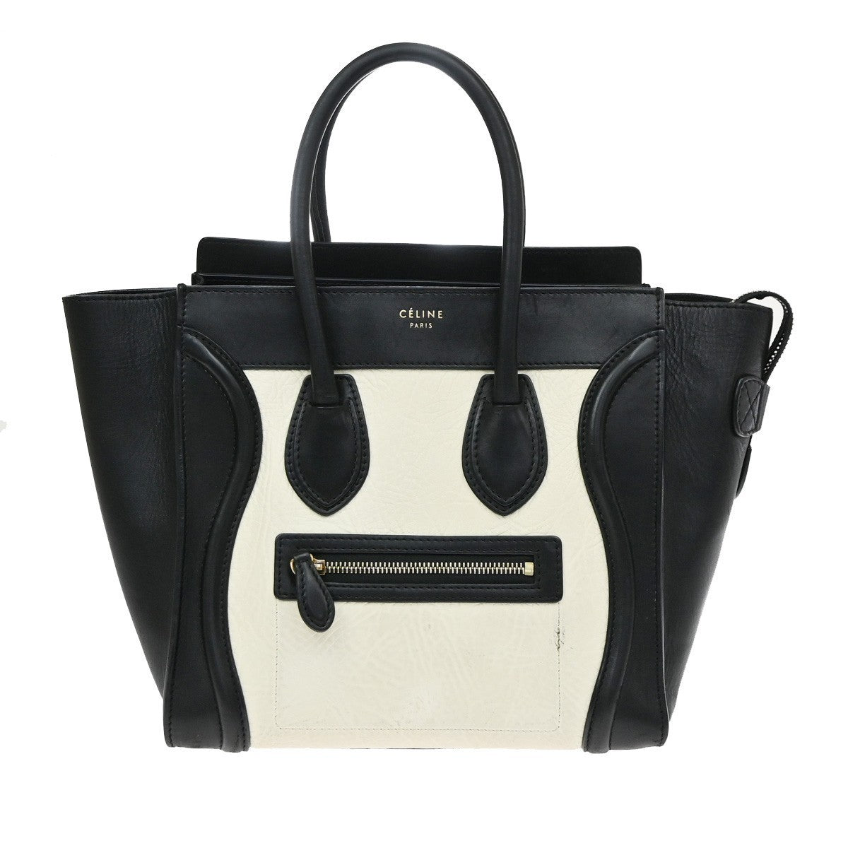 CELINE Logo Luggage Phantom Large Hand Tote Bag Leather Black White GHW 12EG408