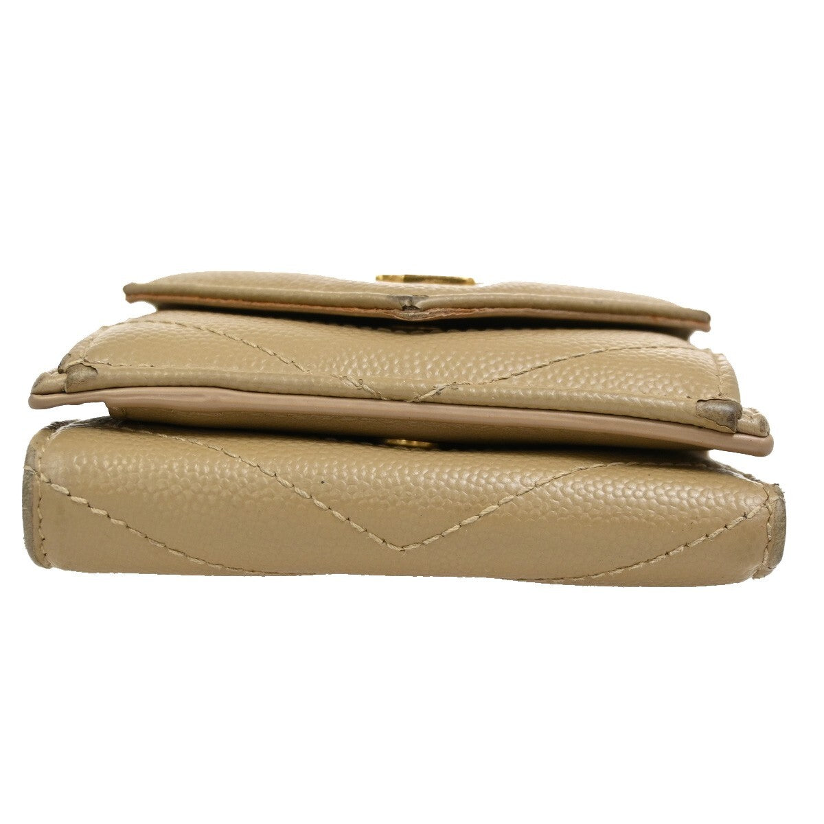 SAINT LAURENT YSL Logo Trifold Compact Wallet Leather Beige Gold Italy 66EE858