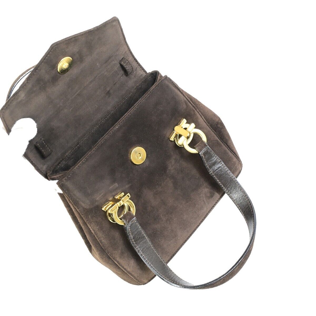 SALVATORE FERRAGAMO Logo Gancini Hand Bag Suede Leather Brown GHW Italy 04FA937