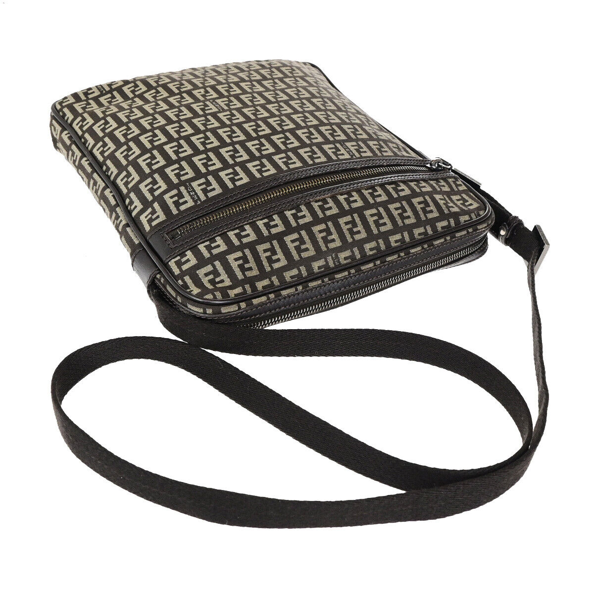 FENDI Logo Zucchino Pattern Shoulder Bag Canvas Leather Brown SHW Italy 87SJ495