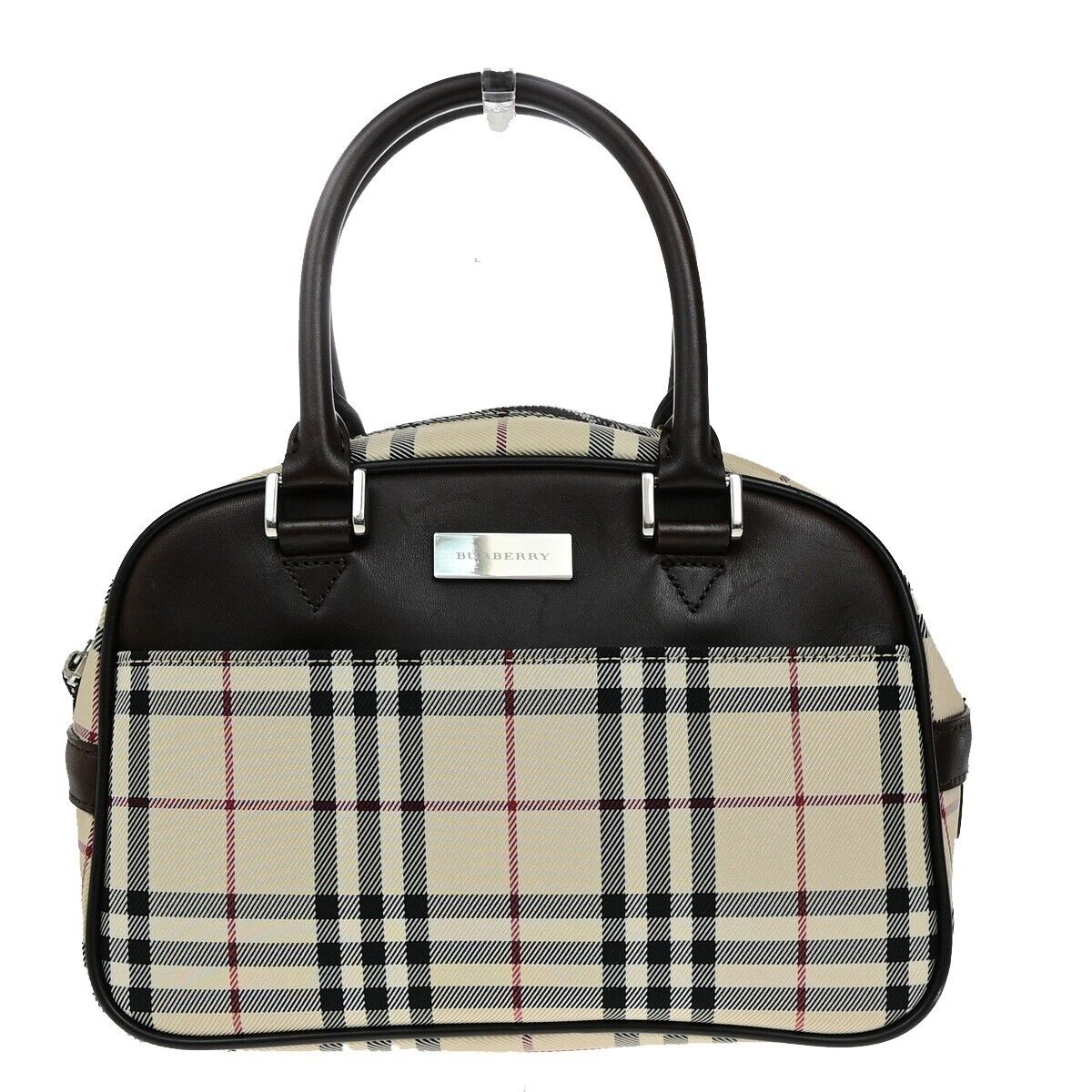 BURBERRY Logo Nova Check Hand Bag Canvas Leather Beige Brown Silver 38ED684