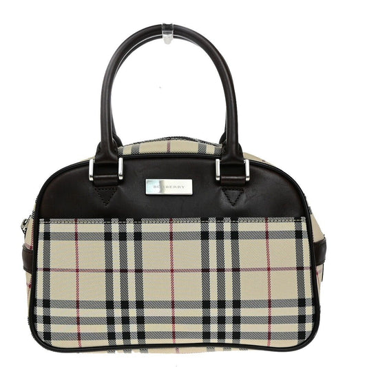 BURBERRY Logo Nova Check Hand Bag Canvas Leather Beige Brown Silver 38ED684