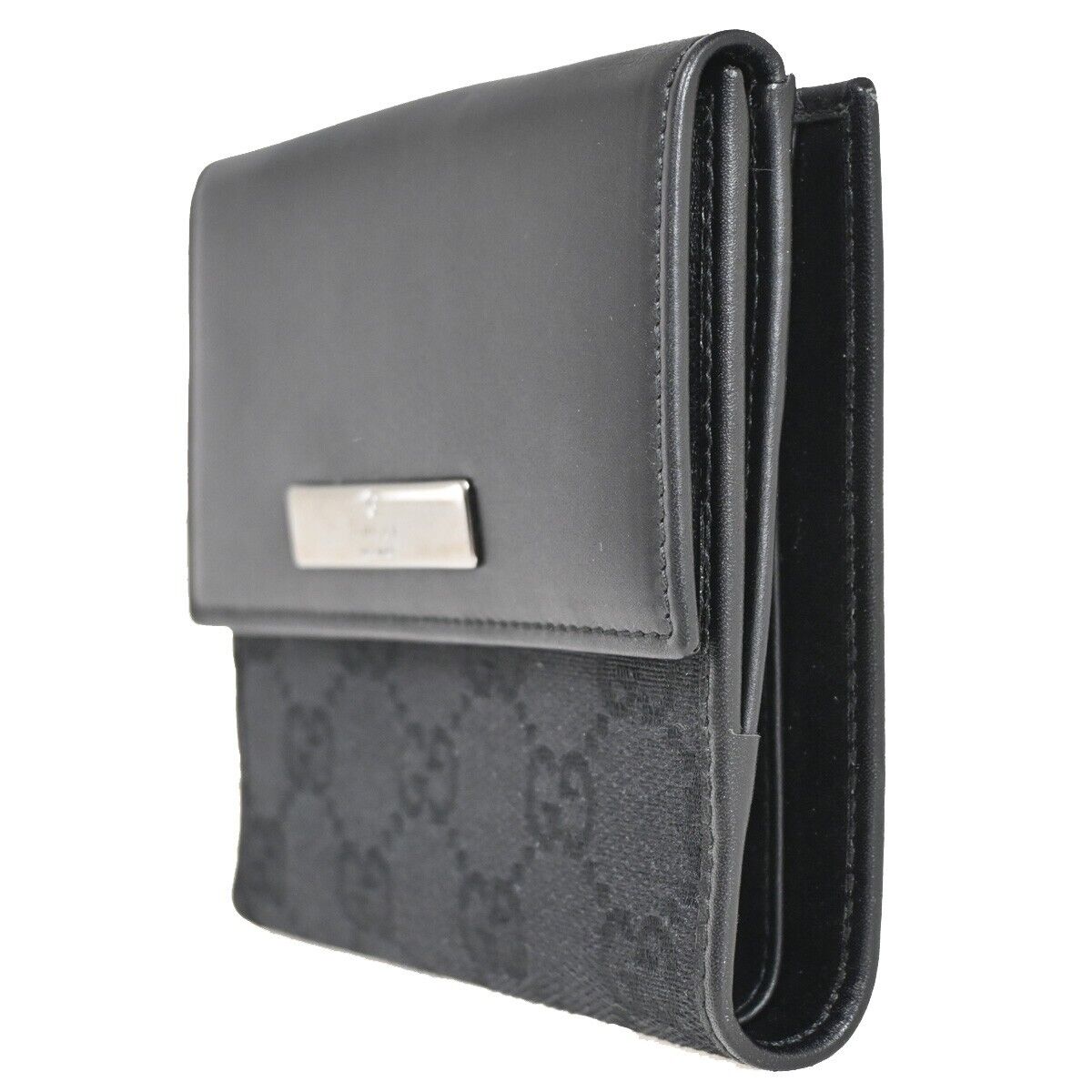 GUCCI Logo GG Pattern Bifold Wallet Canvas Leather Black SHW Italy 35YD865