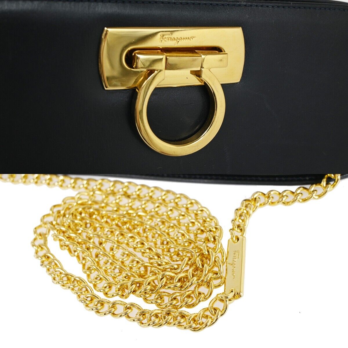 SALVATORE FERRAGAMO Chain Gancini Shoulder Bum Bag Leather Navy Gold 60SH362