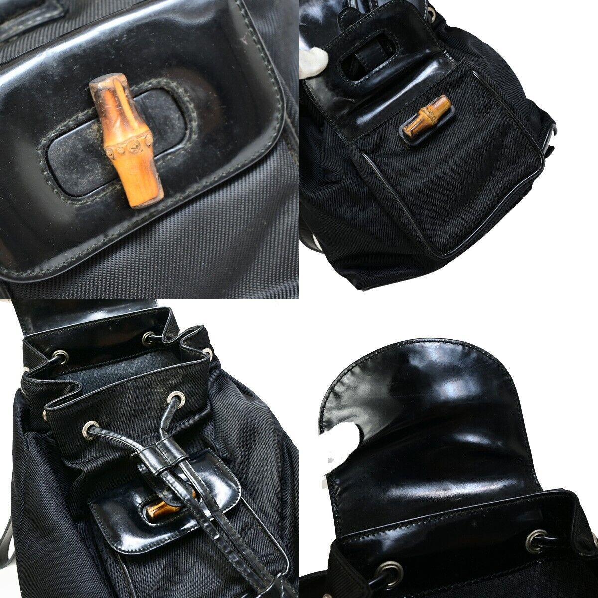 GUCCI Logo Bamboo Backpack Bag Leather Nylon Black Italy 68EB288