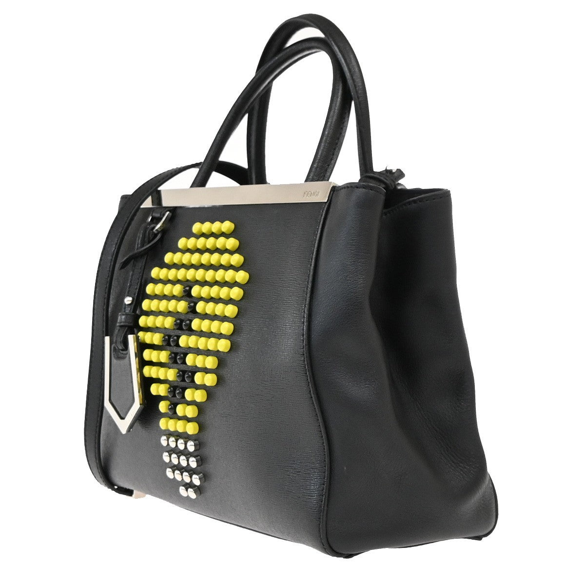 Fendi 2Jours Studded Light Bulb 2Way Shoulder Hand Bag Black Yellow SHW 12PA022