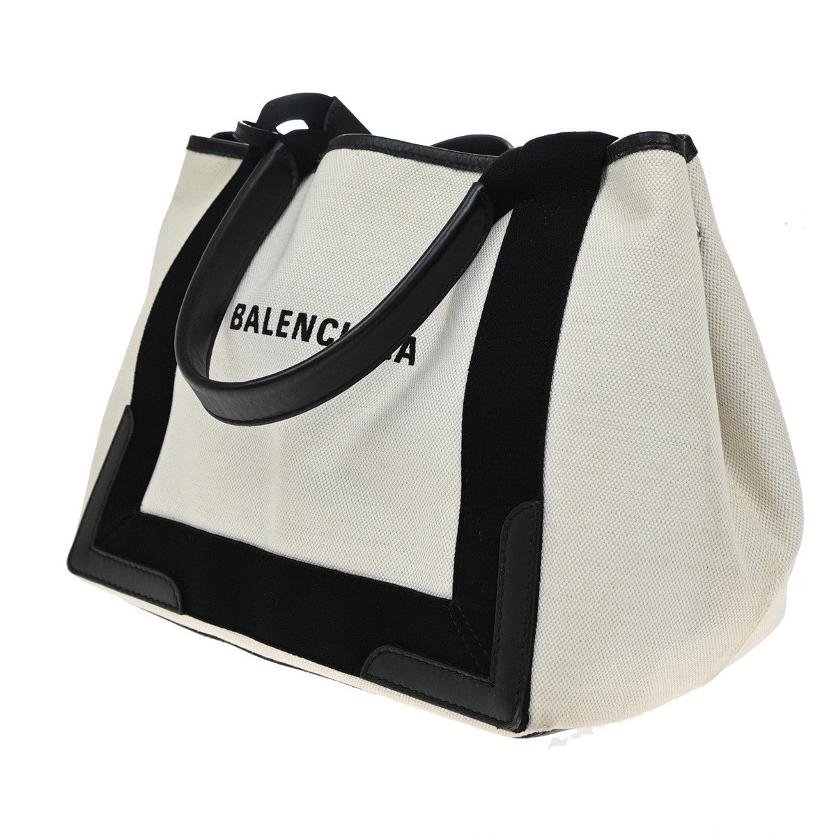 BALENCIAGA Logo Navy Cabas S Hand Tote Bag Canvas Leather Black White 34EF266