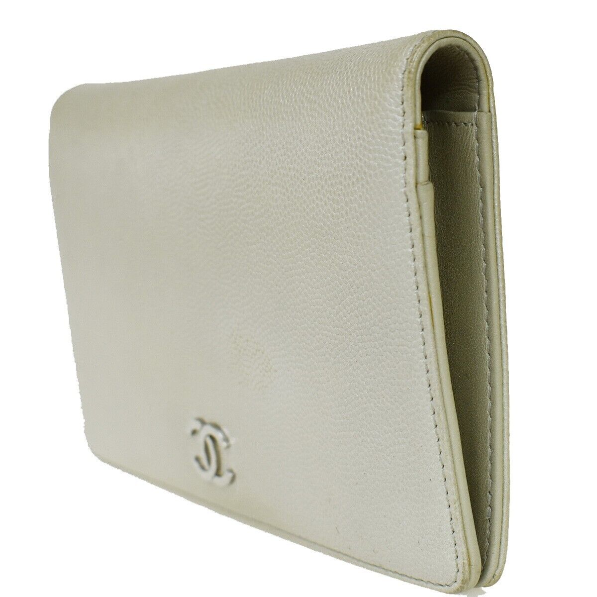 CHANEL CC Logo Long Bifold Wallet Purse Caviar Leather Ivory Italy 32JH714