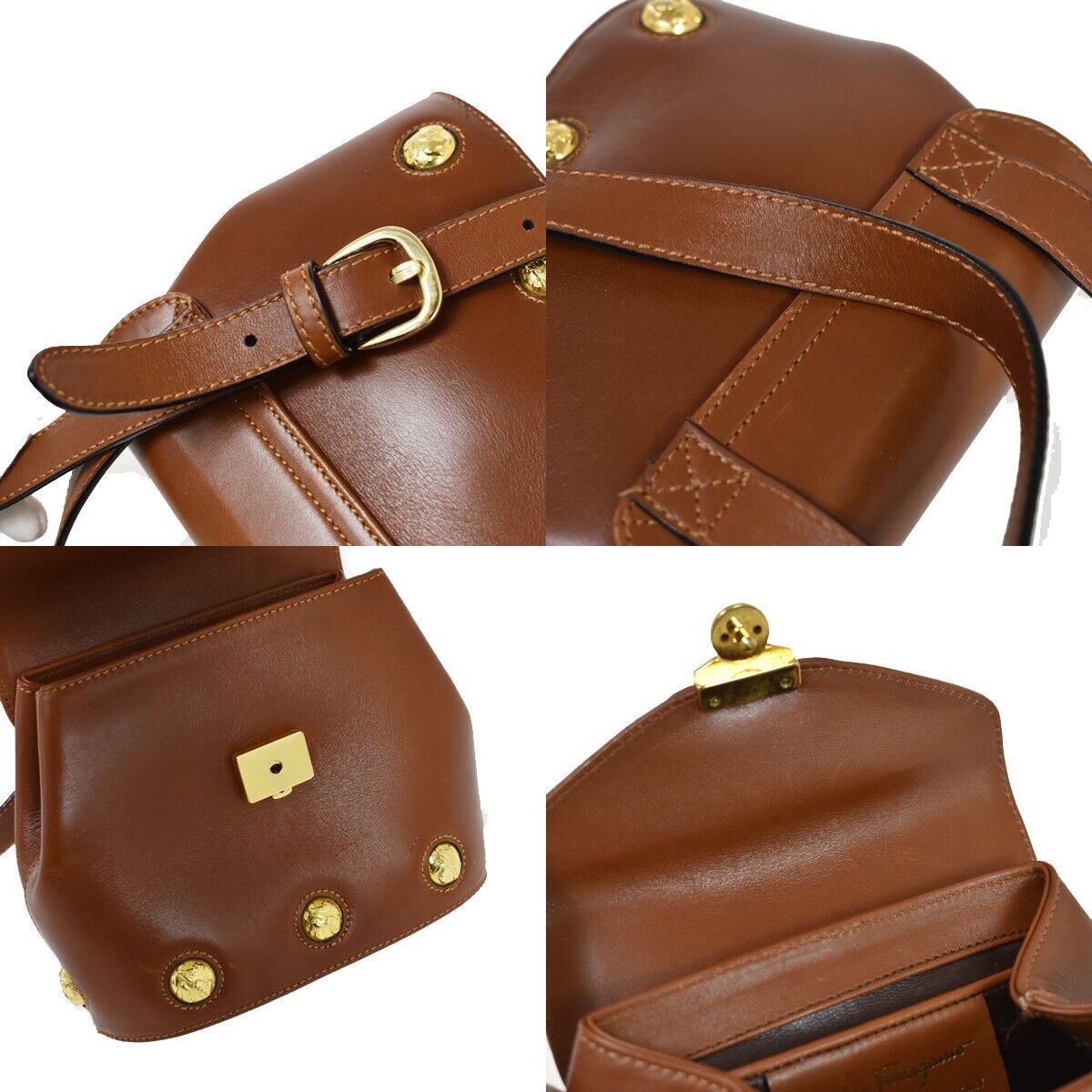 SALVATORE FERRAGAMO Logo Crossbody Shoulder Bag Leather Brown Gold Italy 61GA687