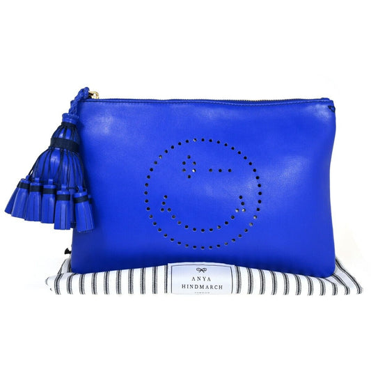 ANYA HINDMARCH Logo Smiley Wink Fringe Clutch Hand Bag Leather Blue 36HB218