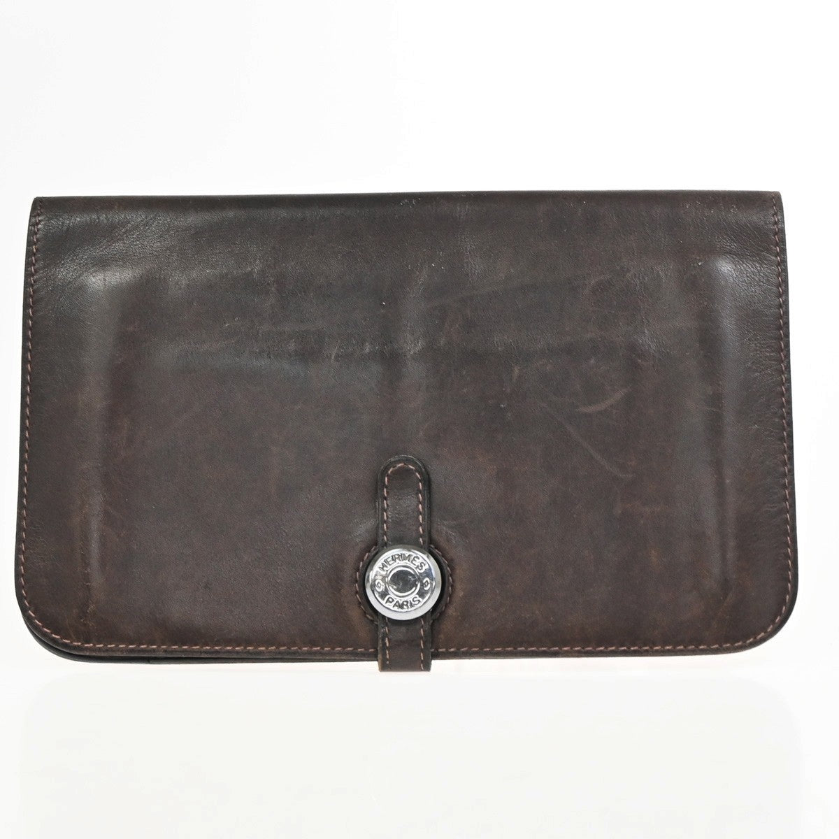 HERMES Logo Dogon GM Long Bifold Wallet Purse Box Calf Leather Brown SHW 39YH879