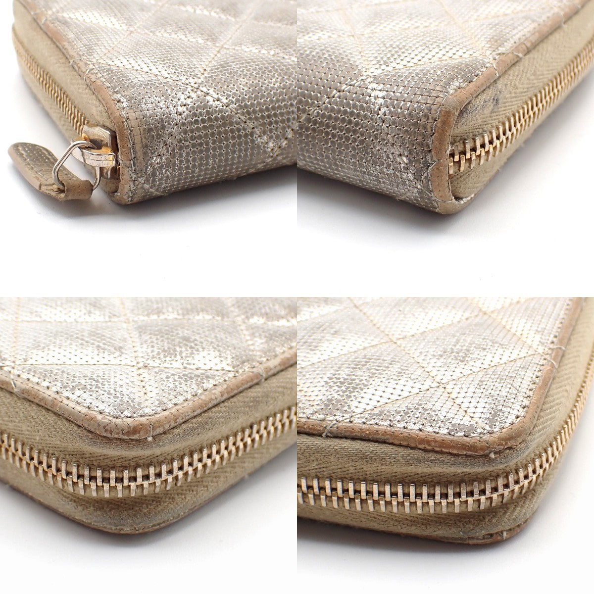 CHANEL CC Quilting Long Zipper Bifold Wallet Leather Silver GHW 05AA126