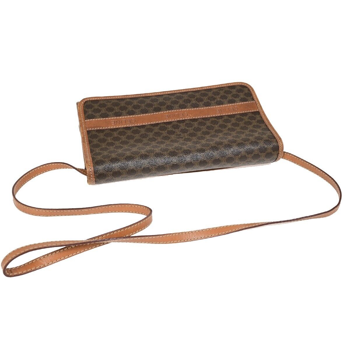 CELINE Logo Macadam Pattern Crossbody Shoulder Bag PVC Leather Brown 62SH929