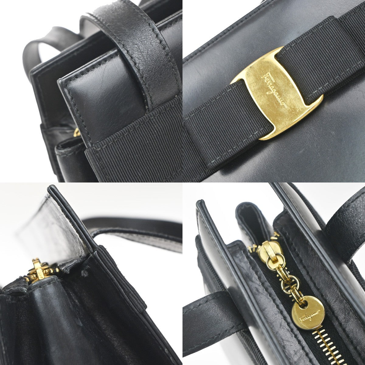 SALVATORE FERRAGAMO Logo Vara Shoulder Bag Canvas Leather Black Italy 65KP605