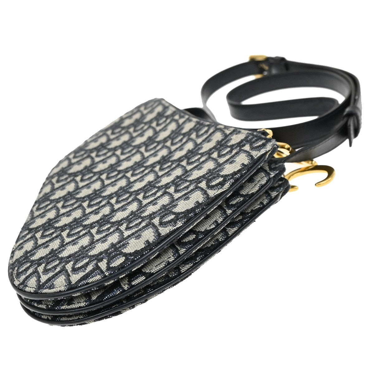 CHRISTIAN DIOR Trotter Saddle Shoulder Bag Canvas Leather Navy Blue 663RF899
