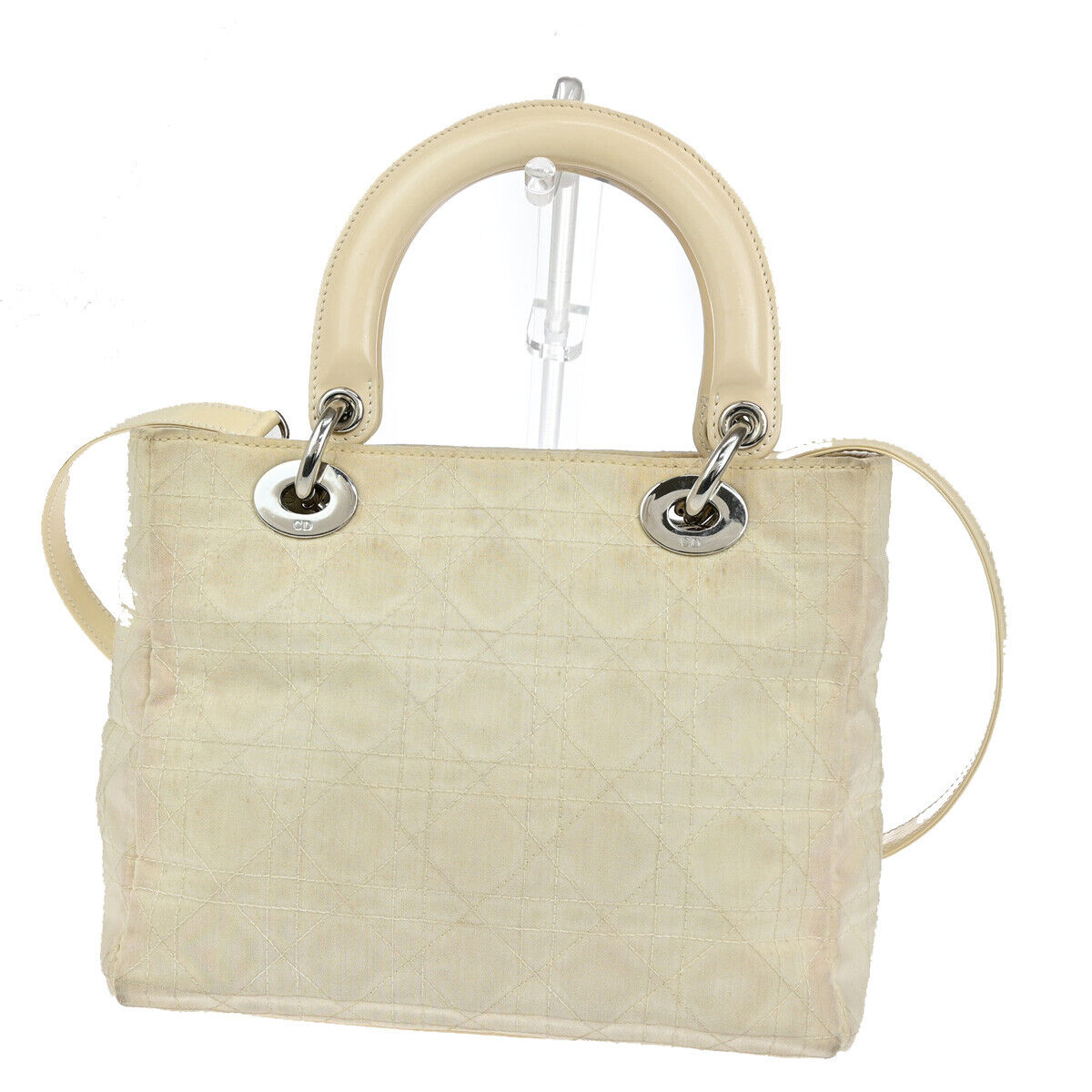 CHRISTIAN DIOR Lady Cannage 2Way Hand Bag Nylon Patent Leather Ivory SHW 81YG576