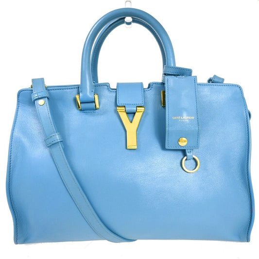SAINT LAURENT  Logo Classic Y Cabas 2 Way Hand Bag Leather Blue Gold 79EA275